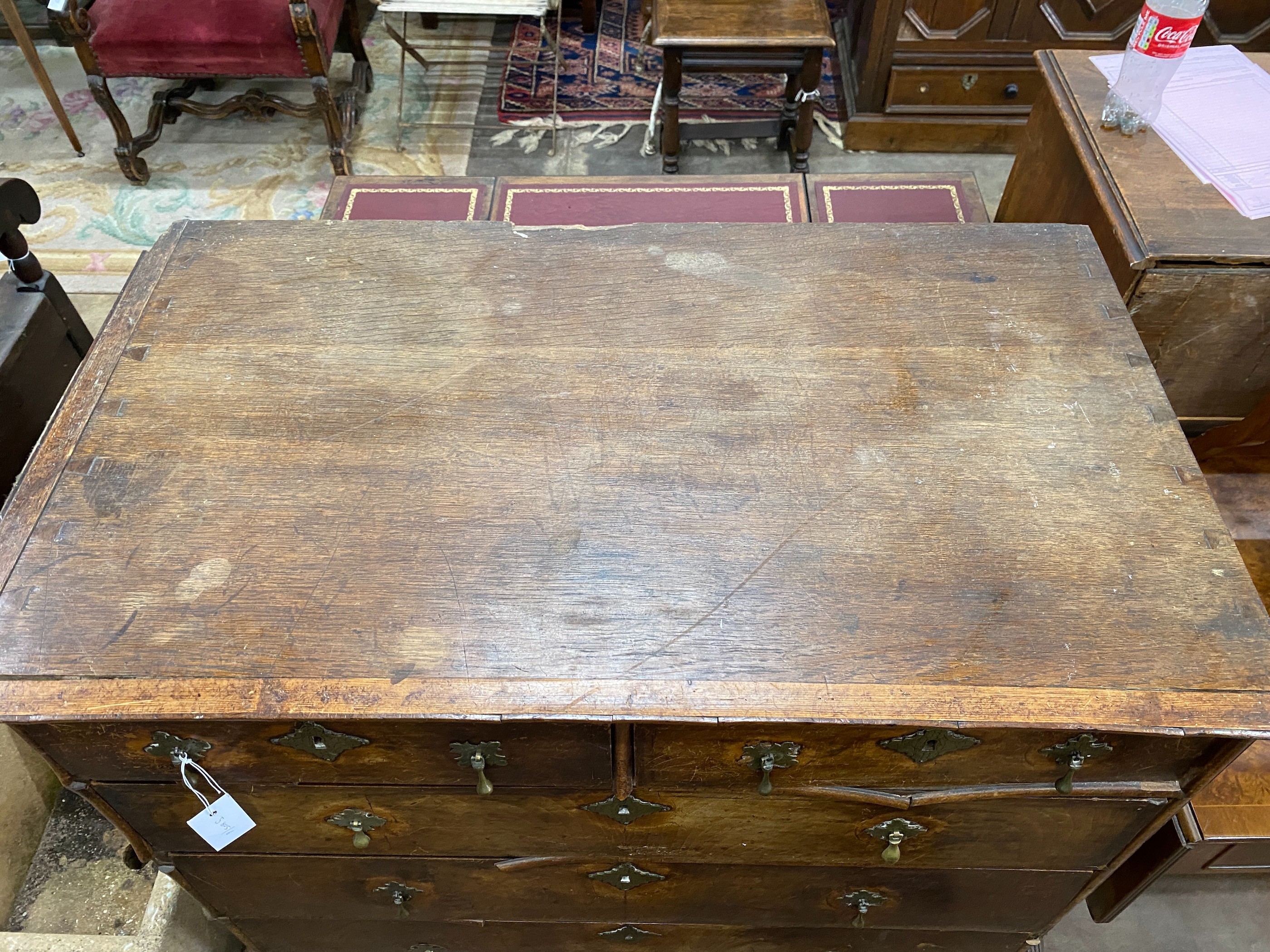 An 18th century walnut chest on stand requiring restoration, width 96cm, depth 55cm, height 108cm